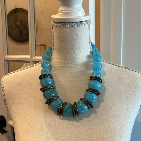 Large Bubble Necklace with Copper Circles! Big Bold Clear Blue Ball 20” Necklace - Picture 7 of 13